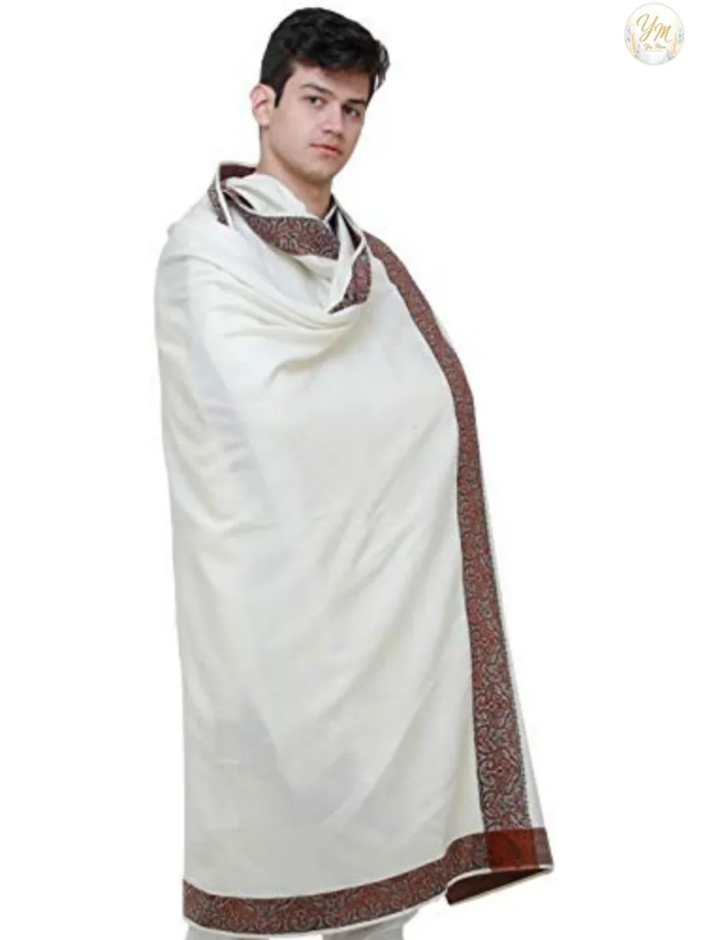 Men's Pure Wool Shawl with Woven Border - Winter Scarf Wrap